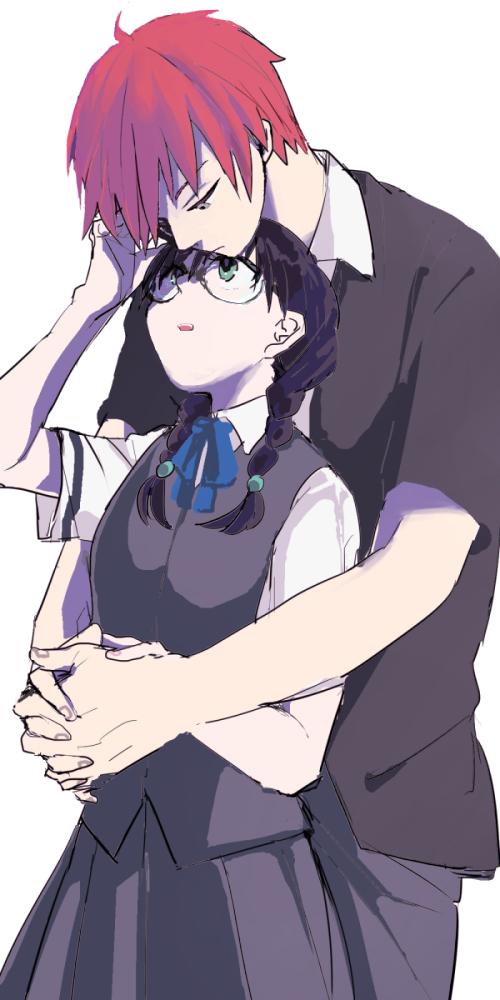 1boy, 1girl, akabane_karma, ansatsu_kyoushitsu, black_hair, glasses, green_eyes, grey_eyes, hug, hug_from_behind, long_hair, moimoi_(iserror), okuda_manami, redhead, school_uniform, short_hair