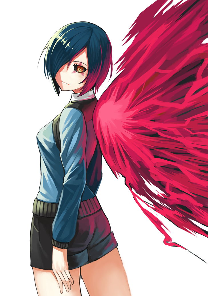 1girl, black_hair, black_sclera, cowboy_shot, hair_over_one_eye, kagune_(tokyo_ghoul), kirishima_touka, looking_at_viewer