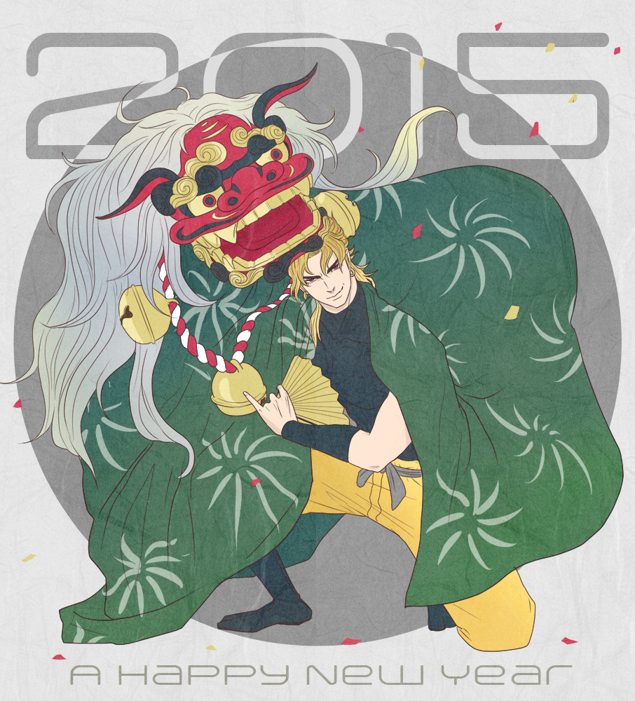 1boy, bell, blonde_hair, dio_brando, jojo_no_kimyou_na_bouken, lion_dance, new_year, red_eyes, shishimai, solo, yukimaru_choco
