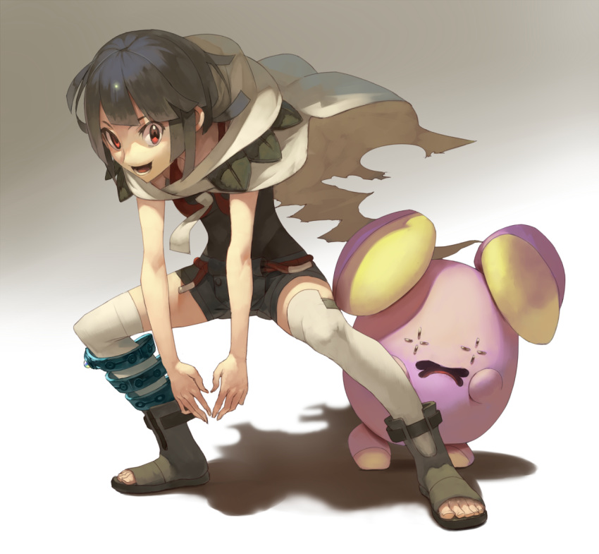 1girl, black_hair, cape, fighting_stance, higana_(pokemon), highres, horizon_(sushi0126), hunched_over, looking_at_viewer, open_mouth, pokemon, pokemon_(creature), pokemon_(game), pokemon_oras, pose, red_eyes, sandals, short_hair, smile, stance, thigh-highs, whismur