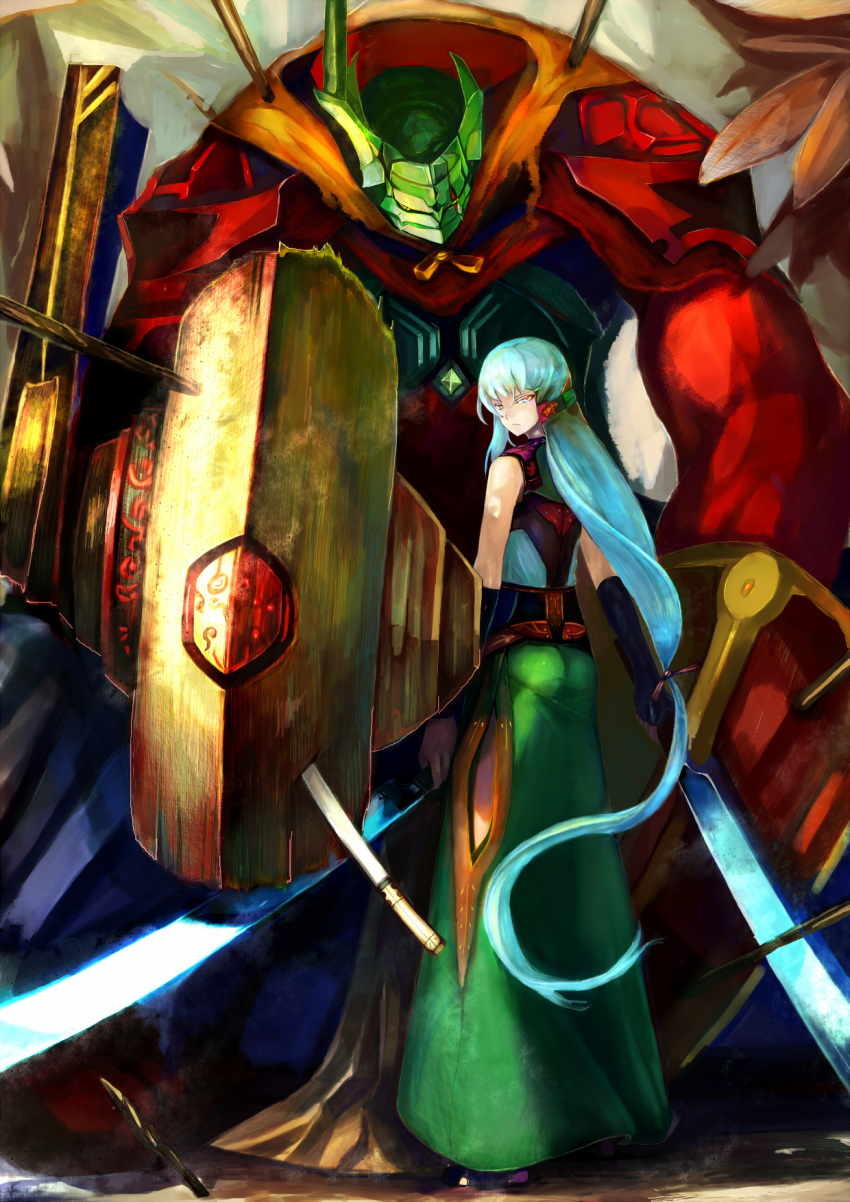 highres, jinichi, long_hair, low-tied_long_hair, original, shield, sword, very_long_hair