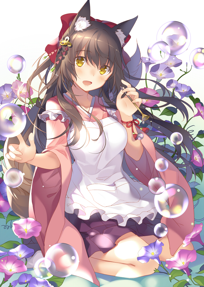 1girl, animal_ears, apron, blush, brown_hair, bubble, bubble_pipe, flower