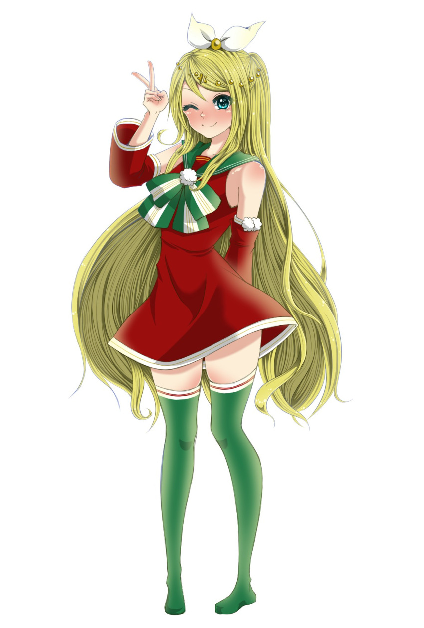 1girl, ;), alternate_hair_length, alternate_hairstyle, arm_behind_back, bangs, blonde_hair, blush, bow, christmas, contrapposto, detached_sleeves, dress, fujima_(k114), green_legwear, hair_bow, hair_ornament, hairclip, highres, kagamine_rin, long_hair, one_eye_closed, pigeon-toed, red_dress, ribbon, sailor_collar, smile, solo, swept_bangs, thigh-highs, v, very_long_hair, vocaloid