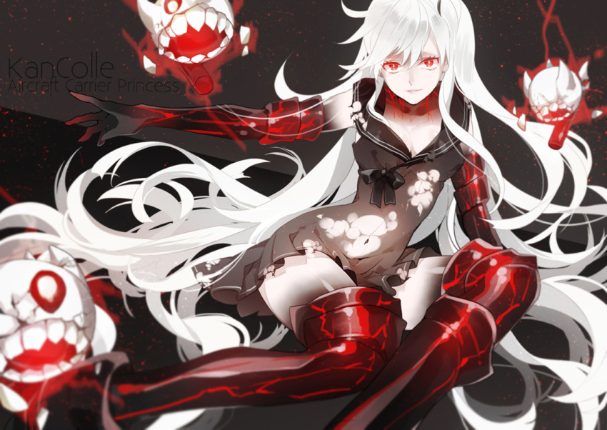 1girl, aircraft_carrier_hime, arm_support, armlet, armored_boots, black_boots, black_dress, black_legwear