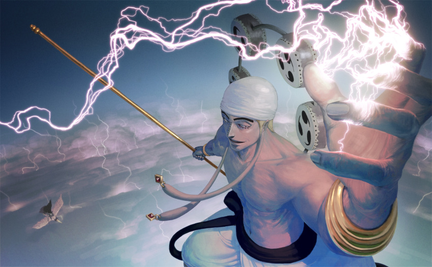 bandana, bird, clouds, devil_fruit, earrings, electricity, enel, fight, flying, gan_fall, highres, jewelry, knight, lightning, long_earlobes, male, mitsudomoe_(shape), one_piece, pierre_(one_piece), sky, tomoe_(symbol)