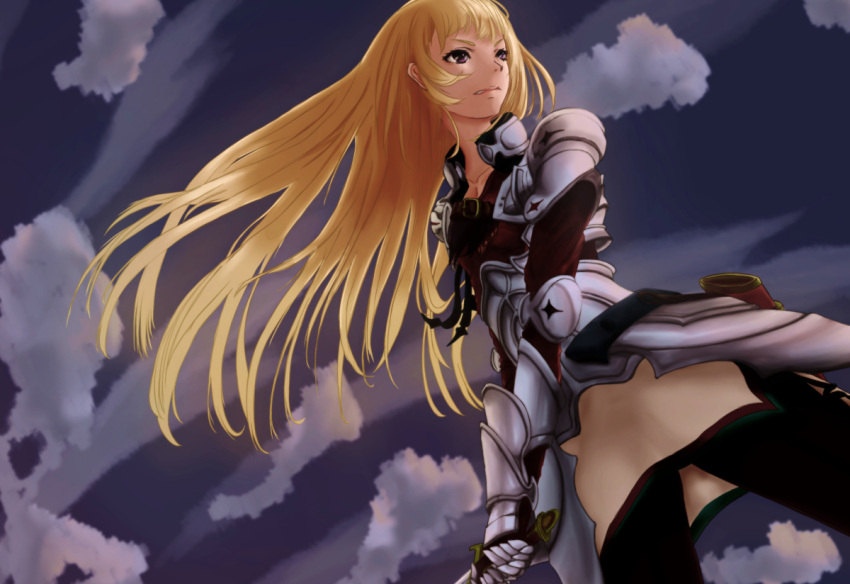 1girl, armor, bangs, blonde_hair, blunt_bangs, breastplate, clenched_teeth, from_below