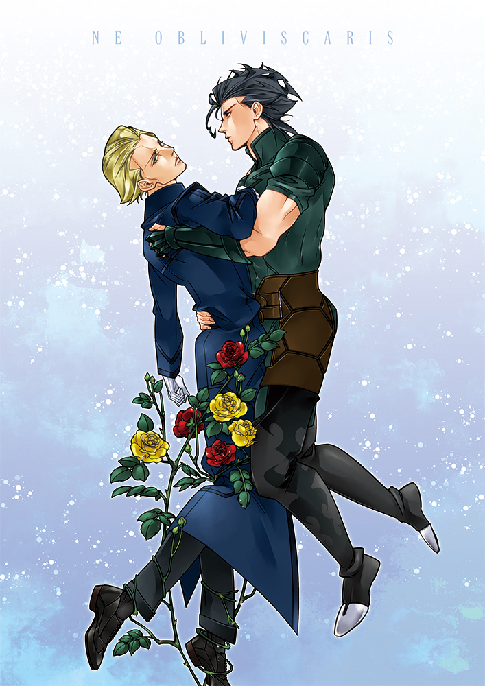 2boys, ahoge, black_hair, blonde_hair, fabu0405, fate/zero, fate_(series), flower