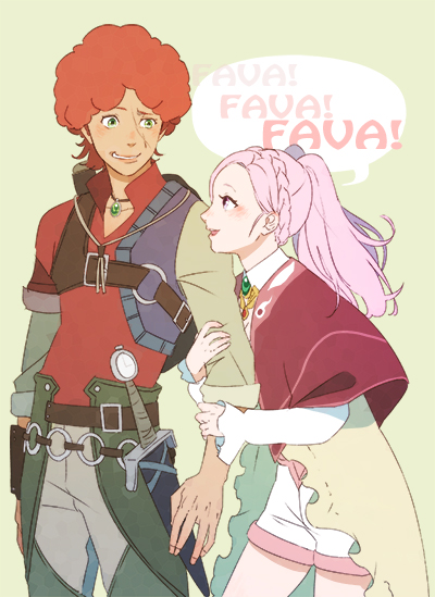 1boy, 1girl, afro, amira_(shingeki_no_bahamut), arm_support, armor, boots, favaro_leone