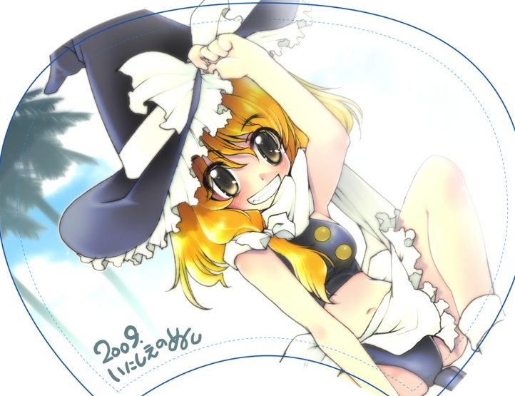 blonde_hair, blush, hat, kirisame_marisa, misokachu, short_hair, silhouette_sakura, swimsuit