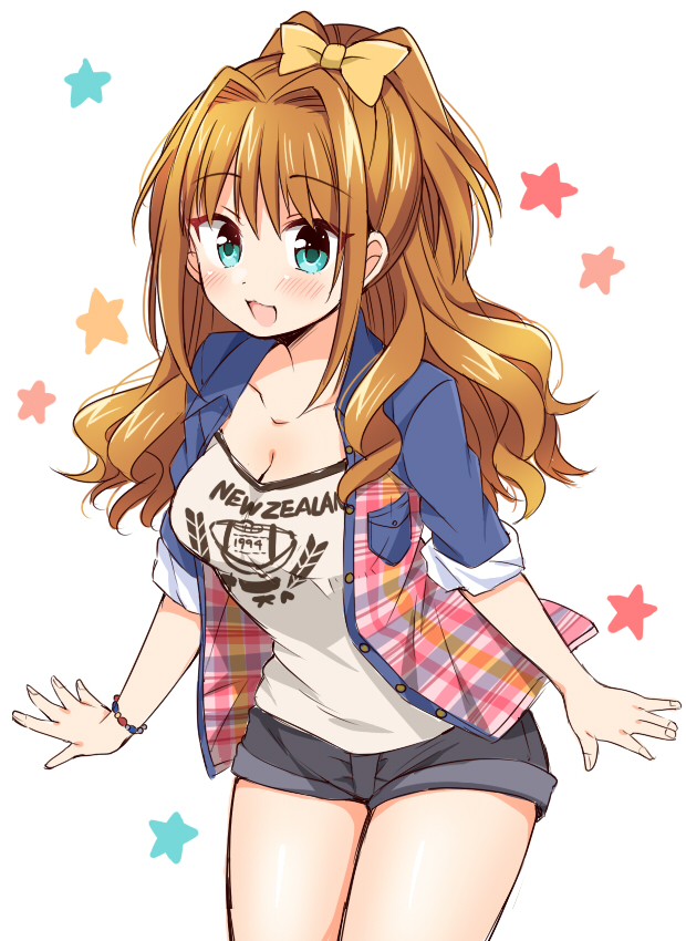 1girl, :3, :d, aqua_eyes, blush, bow, bracelet, breasts, brown_hair, casual, cleavage, clothes_writing, hair_bow, hino_akane_(idolmaster), idolmaster, idolmaster_cinderella_girls, jacket, jewelry, new_zealand, new_zealand_all_blacks, open_clothes, open_jacket, open_mouth, plaid, pocket, ponytail, short_shorts, shorts, sleeves_rolled_up, smile, solo, tsukudani_norio