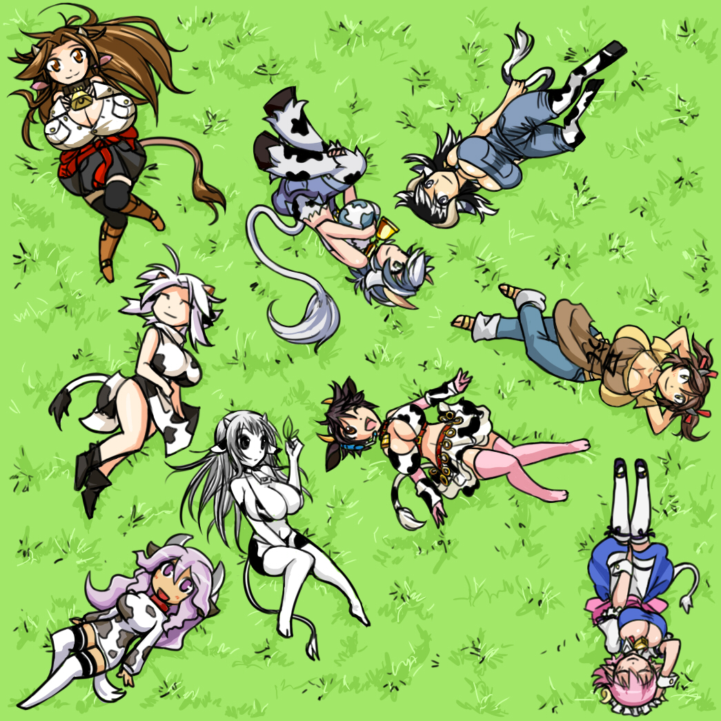 6+girls, :d, ;d, ^_^, animal_ears, arms_behind_head, bell, bell_collar