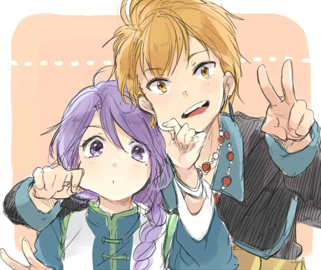 2boys, androgynous, blonde_hair, braid, bust, cheek_pinching, fushigi_yuugi, long_hair
