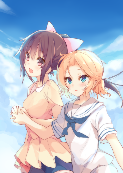1boy, 1girl, :d, blonde_hair, blue_eyes, blush, brown_eyes, brown_hair, clouds, female, gilbert_(majin_bone), long_hair, majin_bone, male, mayachi_(amuriya), open_mouth, ponytail, sailor_collar, shimatani_saho, sky, smile, sweat