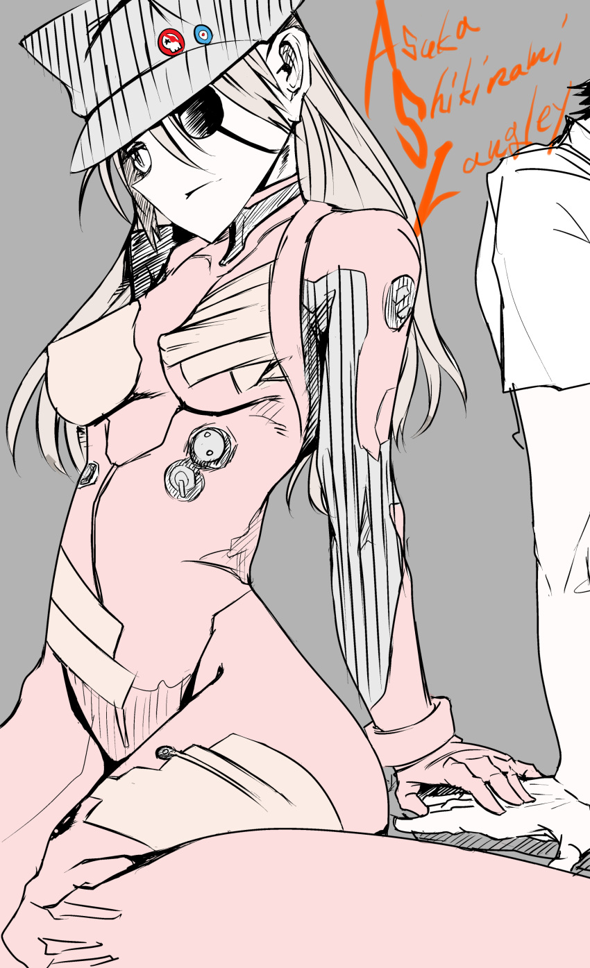 1boy, 1girl, absurdres, character_name, daru_buta, english, eyepatch, grey_background, greyscale, hat, highres, long_hair, looking_away, monochrome, neon_genesis_evangelion, out_of_frame, plugsuit, shikinami_asuka_langley, solo_focus, souryuu_asuka_langley, tagme, touching