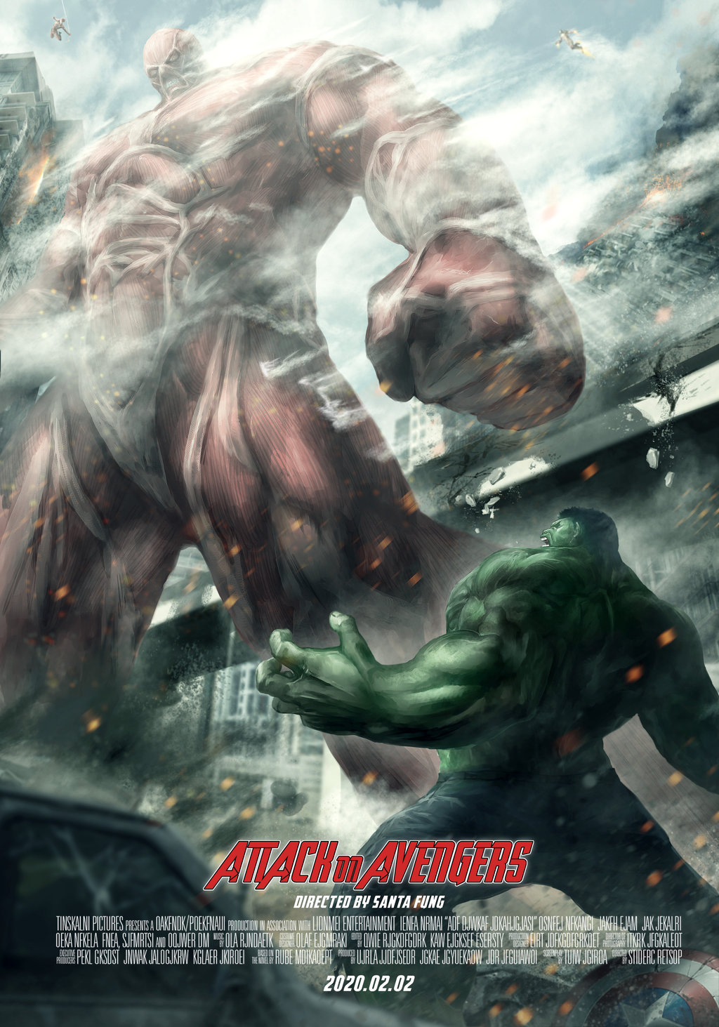 city, colossal_titan, destruction, giant, green_skin, highres, hulk, iron_man
