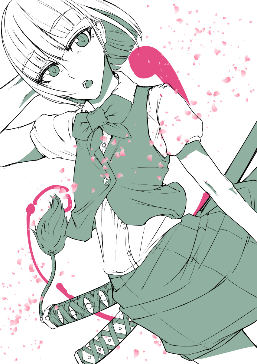 1girl, absurdres, arm_behind_head, bow, daru_buta, dutch_angle, ears, highres, konpaku_youmu, konpaku_youmu_(ghost), looking_at_viewer, multiple_swords, open_mouth, petals, sheath, sheathed, short_hair, short_sleeves, simple_background, skirt, solo, spot_color, tagme, touhou, vest, white_background, yin_yang