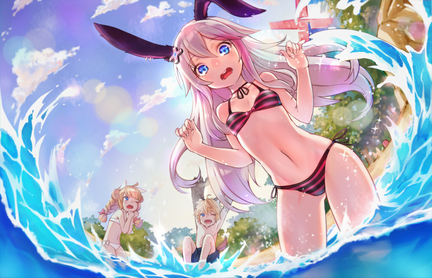 1boy, 2girls, :o, ;d, ;o, ahoge, animal_ears, armpits
