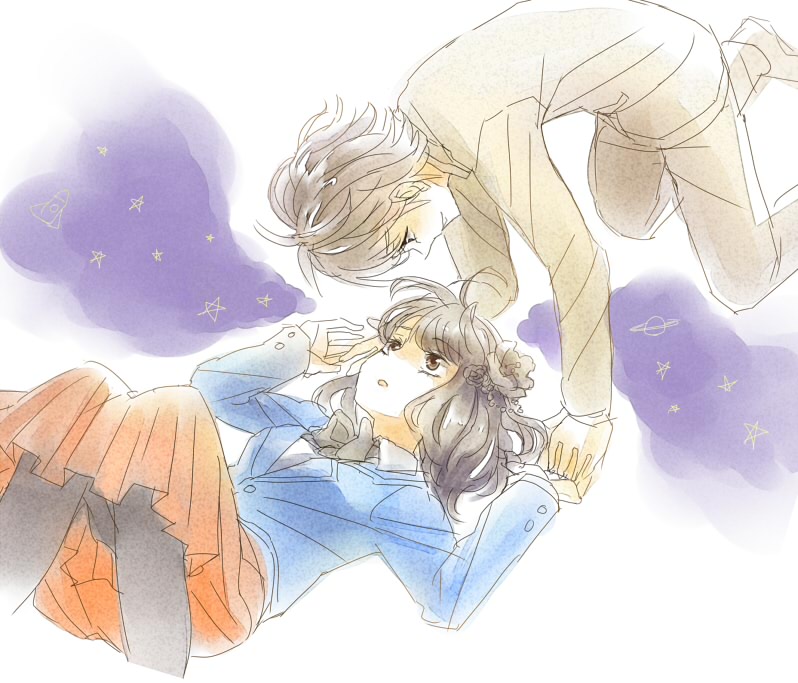 1boy, 1girl, black_hair, brown_hair, female, kamen_rider, kamen_rider_fourze_(series), long_hair