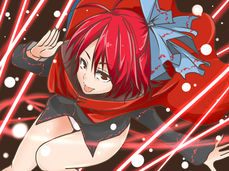 1girl, bow, cape, hair_bow, ifuji_sakura, no_pants, panties, red_eyes, redhead, sekibanki, solo, tongue, tongue_out, touhou, underwear, white_panties
