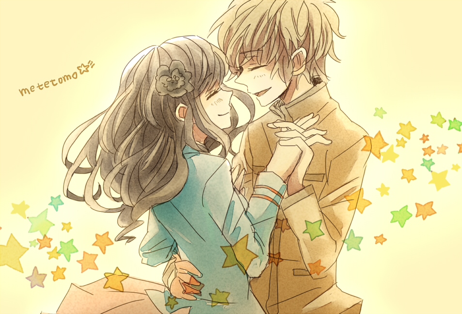 1boy, 1girl, black_hair, brown_hair, closed_eyes, couple, female, hetero