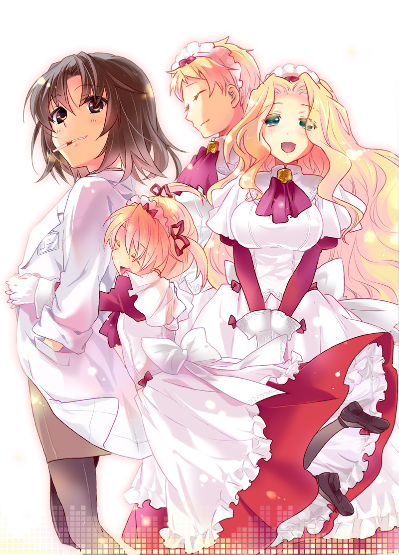 4girls, black_hair, blonde_hair, brown_eyes, gloves, green_eyes, hug, hug_from_behind