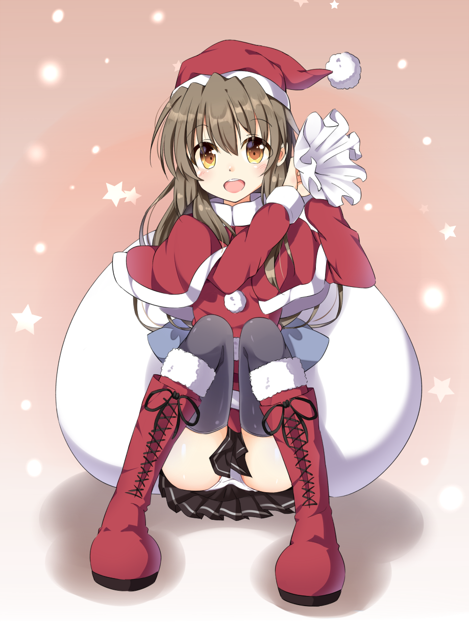 1girl, :d, black_skirt, blush, boushi_(nandemo), brown_hair, capelet, clannad