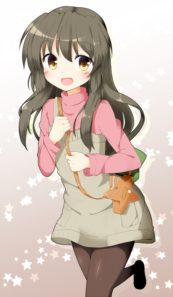 1girl, :d, bag, blush, boushi_(nandemo), brown_dress, brown_eyes, brown_hair