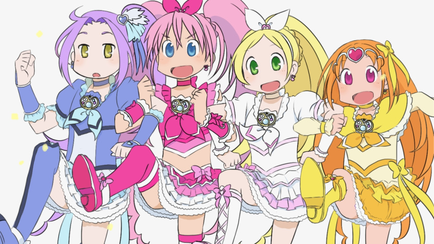 cure_beat, cure_melody, cure_muse_(yellow), cure_rhythm, houjou_hibiki, hyadain_no_joujou_yuujou, kurokawa_eren, minamino_kanade