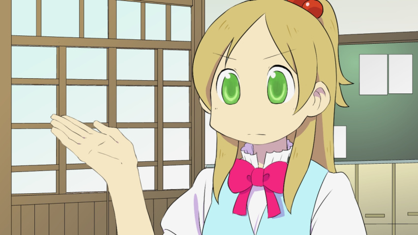 1girl, blonde_hair, bowtie, classroom, green_eyes, hair_ornament, hairclip, hyadain_no_joujou_yuujou