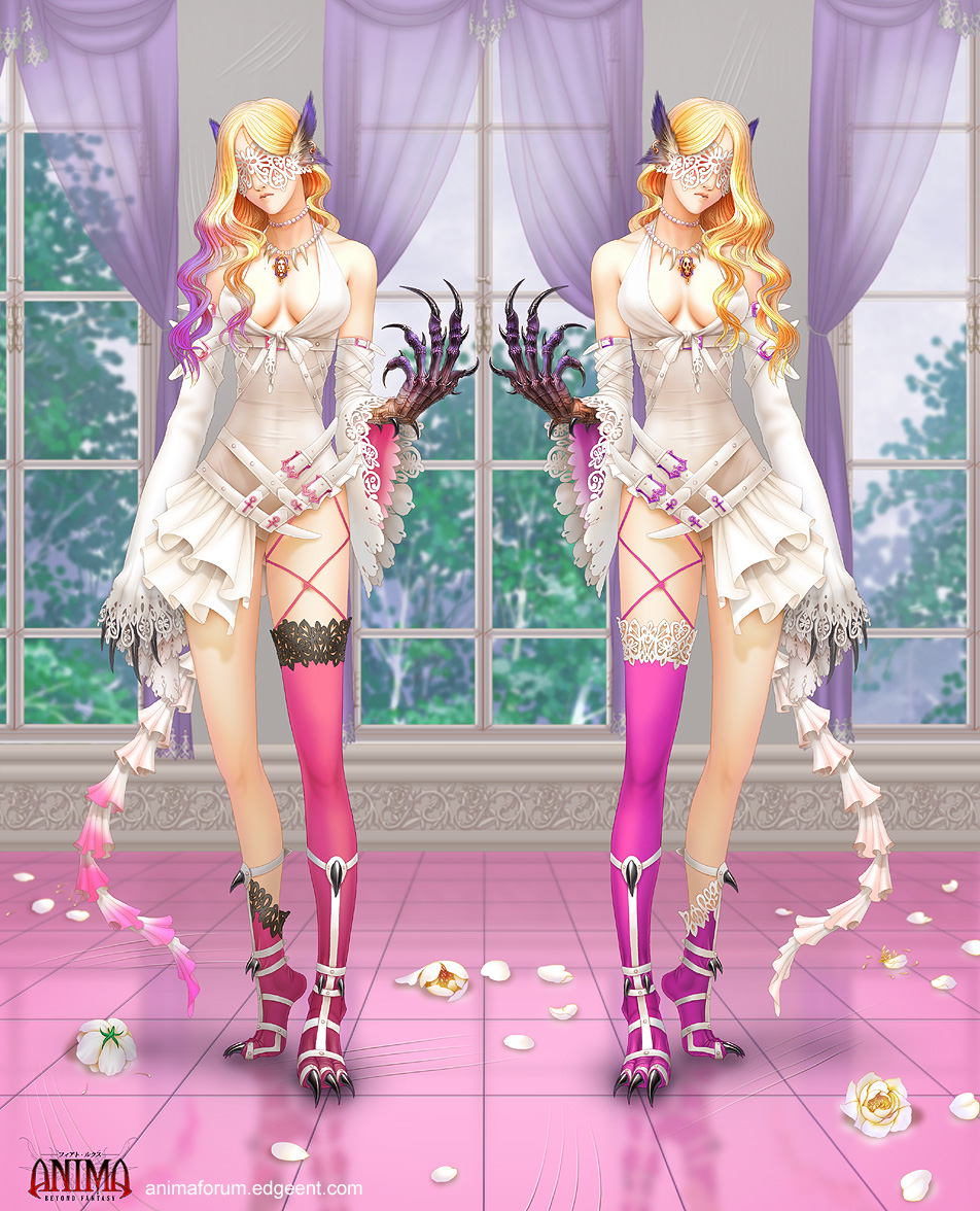 anima_beyond_fantasy, asymmetrical_clothes, blindfold, blonde_hair, breasts, claws, cleavage, detached_sleeves