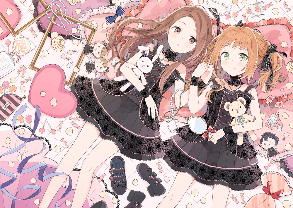2girls, bare_shoulders, black_dress, brown_eyes, brown_hair, candy, character_doll, cushion