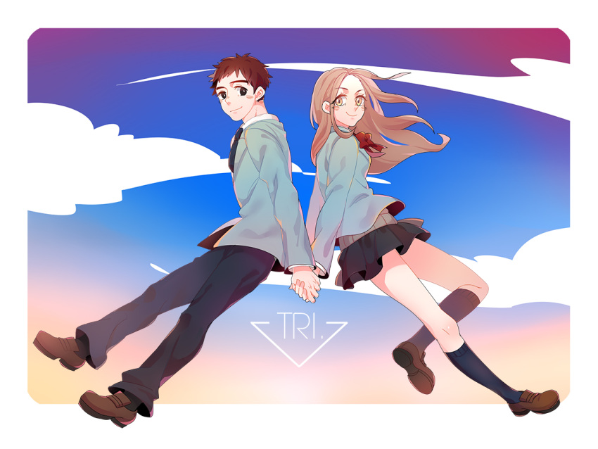 1boy, 1girl, brown_hair, bubux, digimon, digimon_adventure_tri, holding_hands, izumi_koushirou