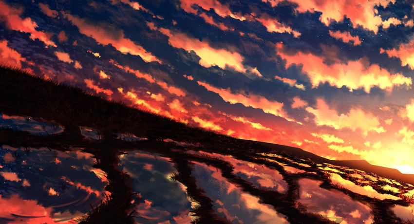 aya_(star), clouds, cloudy_sky, dutch_angle, grass, hill, horizon, no_humans