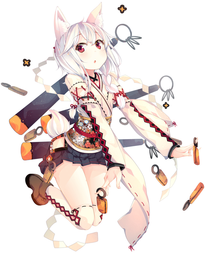 1girl, animal_ears, bow, braid, fox_ears, fox_tail, hair_bow, hair_ribbon, highres, long_hair, looking_at_viewer, nmaaaaa, original, pleated_skirt, red_eyes, ribbon, single_braid, skirt, solo, tail, white_hair