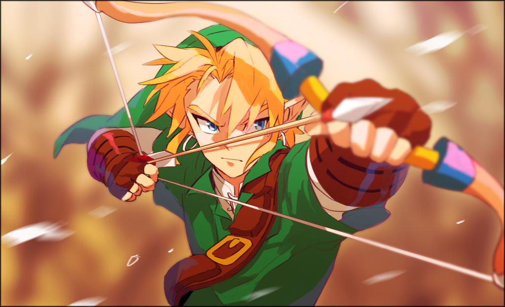 blonde_hair, blue_eyes, bow_(weapon), earrings, gloves, hat, jewelry, link, noaki, ocarina_of_time, pointy_ears, the_legend_of_zelda, weapon