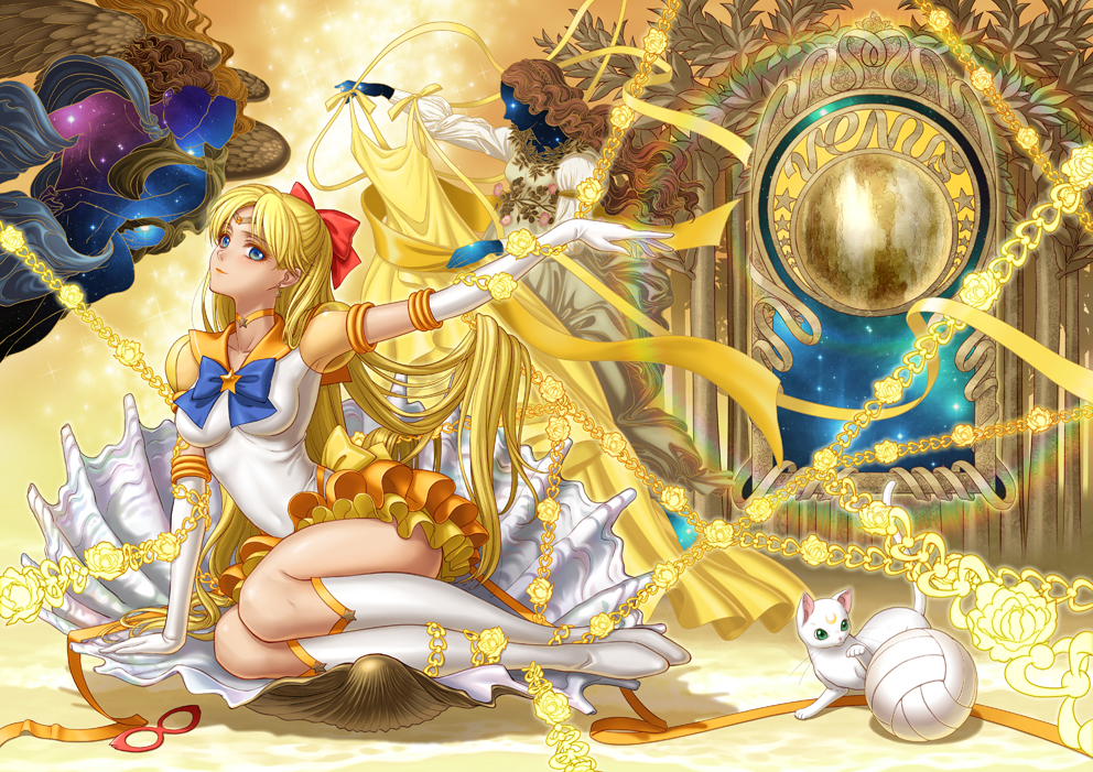 4girls, aino_minako, angel, angel_wings, art_nouveau, artemis_(sailor_moon), birth_of_venus, bishoujo_senshi_sailor_moon
