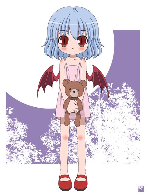blue_hair, camisole, hatomugisan, lowres, mary_janes, red_eyes, remilia_scarlet, shoes