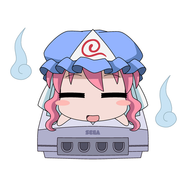 blush_stickers, chibi, dreamcast, hat, hatomugisan, parody, personification, pink_hair, saigyouji_yuyuko, touhou