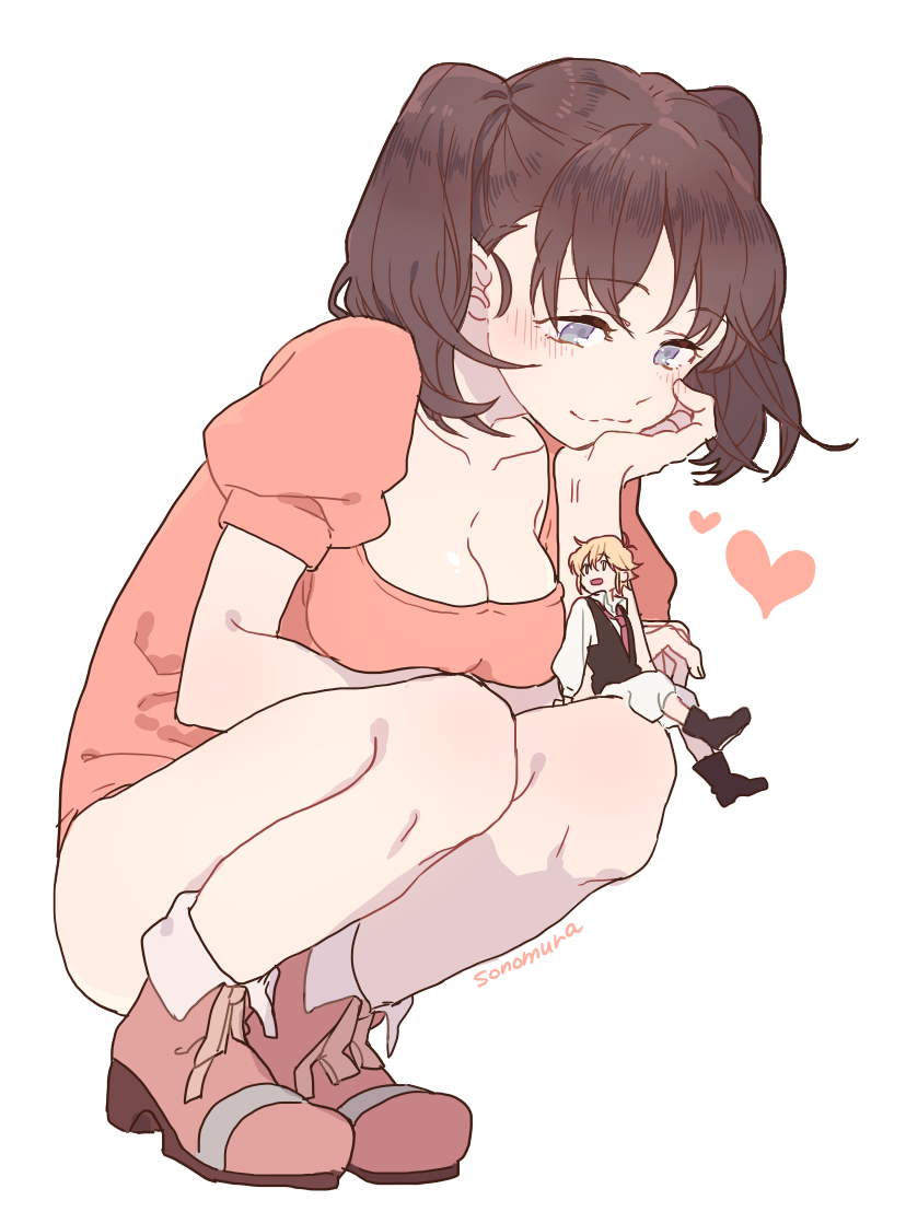 1boy, 1girl, artist_name, blue_eyes, blush, breasts, brown_hair, cleavage, collarbone, diane_(nanatsu_no_taizai), giantess, hand_on_own_chin, heart, looking_at_another, meliodas, nanatsu_no_taizai, short_hair, signature, simple_background, sonomura, squatting, twintails, white_background