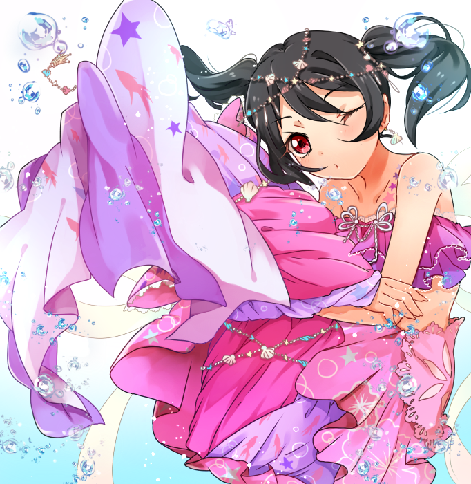 1girl, bare_shoulders, black_hair, bubble, circlet, fish, love_live!_school_idol_project, mermaid_costume