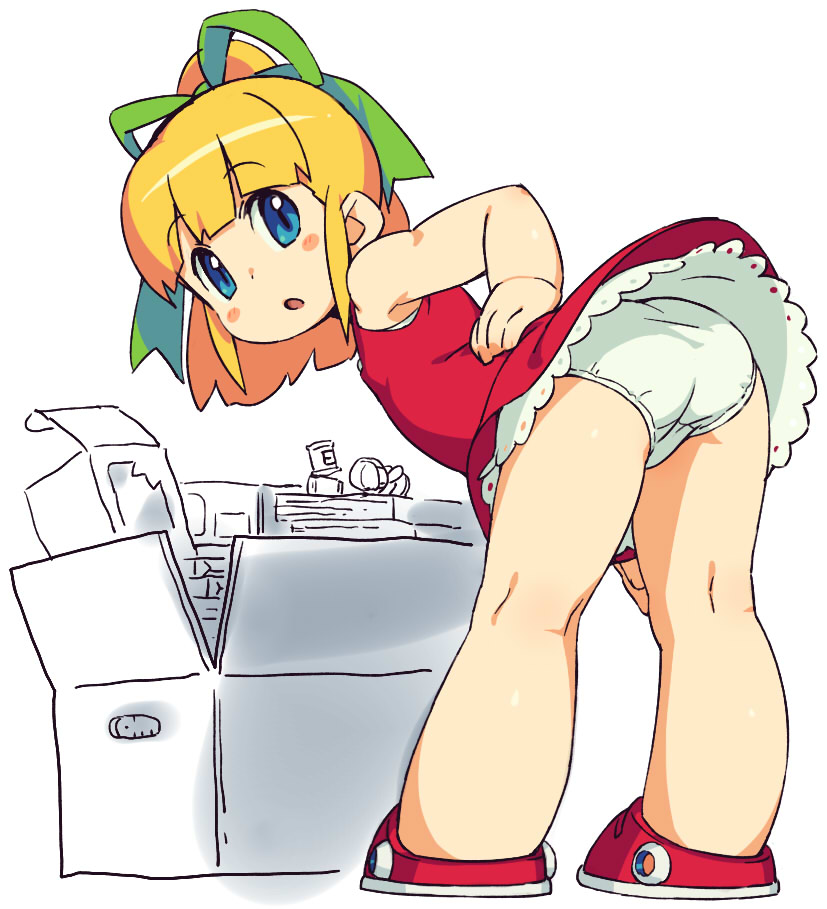 :o, aqua_eyes, bent_over, blonde_hair, box, hair_ribbon, hand_on_hip, looking_back, om_(artist), open_mouth, panties, ribbon, robot, rockman, roll, short_hair, simple_background, skirt, sleeveless, solo, underwear, white_background, white_panties