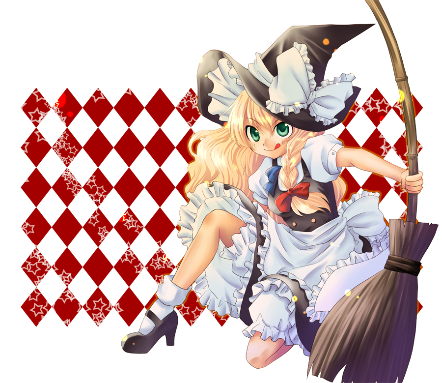 :q, blonde_hair, braid, broom, green_eyes, hashi_moto, hat, high_heels