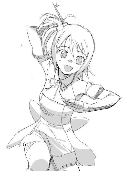 a1, armpits, dream_c_club, hair_cubes, hair_ornament, knife, monochrome, setsu_(dream_c_club)