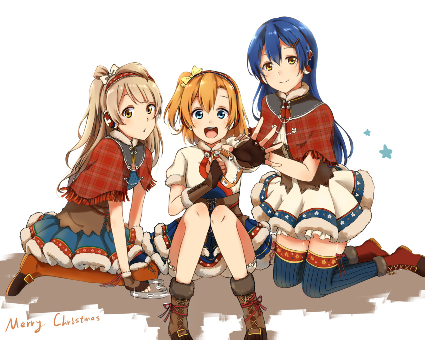 3girls, :d, ankle_boots, blue_eyes, blue_hair, boots, bow, brown_boots