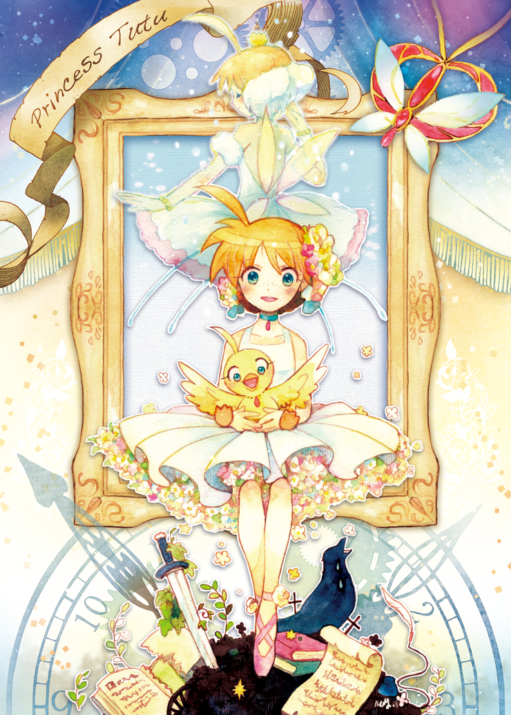 2girls, ahiru, ahiru_(duck), ahoge, animal, ballet_slippers, bird, blue_eyes