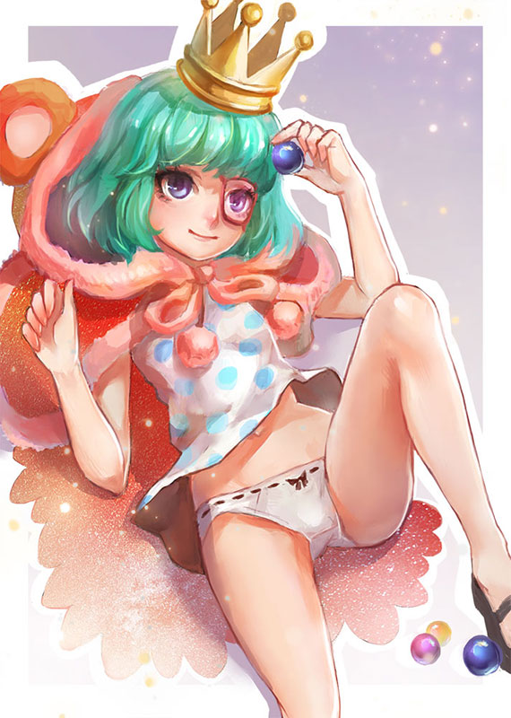 1girl, aqua_hair, cape, crown, dress, dywx_poison, food, fruit