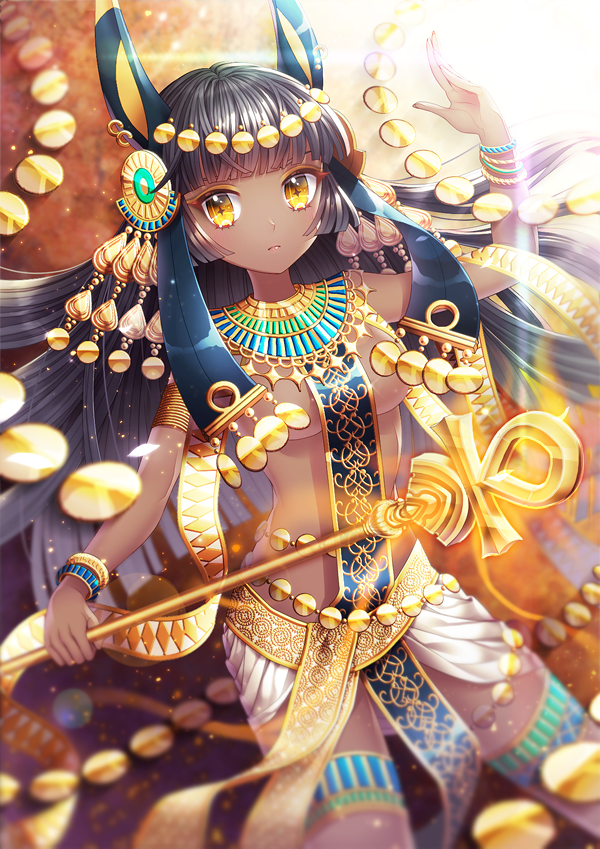 1girl, animal_ears, anubis, black_hair, blurry, bracelet, convenient_censoring, cowboy_shot