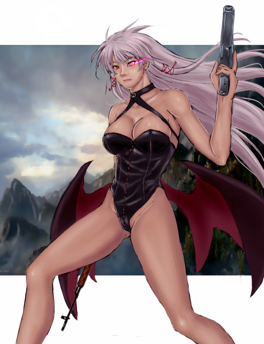 1girl, akira_(yuibnm71), alternate_hair_color, bare_shoulders, breasts, cleavage, collar, collarbone