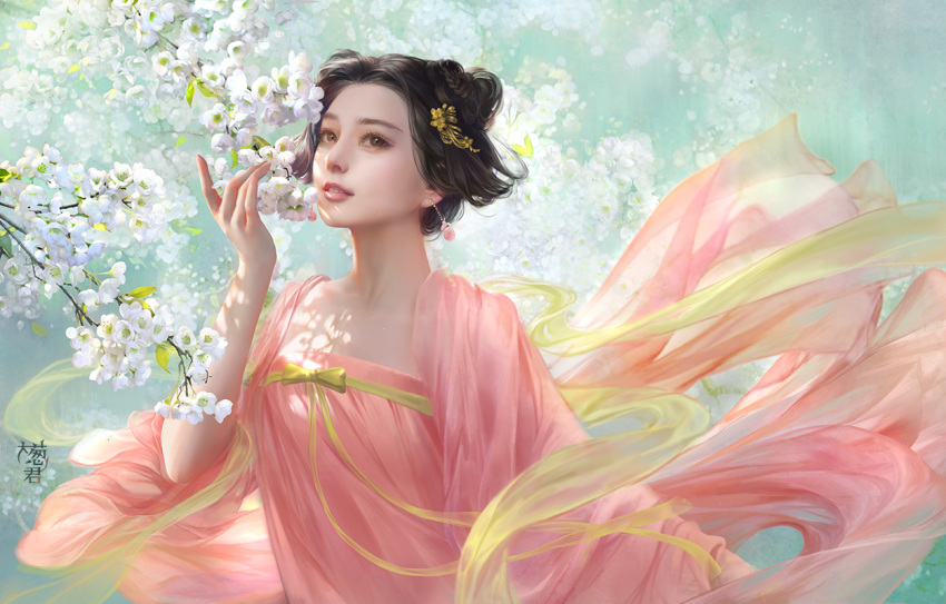 1girl, asian, black_hair, branch, brown_eyes, cloak, cloth, dainegikun, earrings, fan_bingbing, floral_background, flower, hair_ornament, hair_up, hands, jewelry, light_smile, original, parted_lips, real_life, realistic, shade, shawl, solo, sunlight, wind, wu_zetian