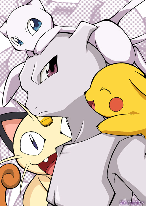 frown, meowth, mew, mewtwo, no_humans, pikachu, pokemon, pokemon_(creature), smile, xruka